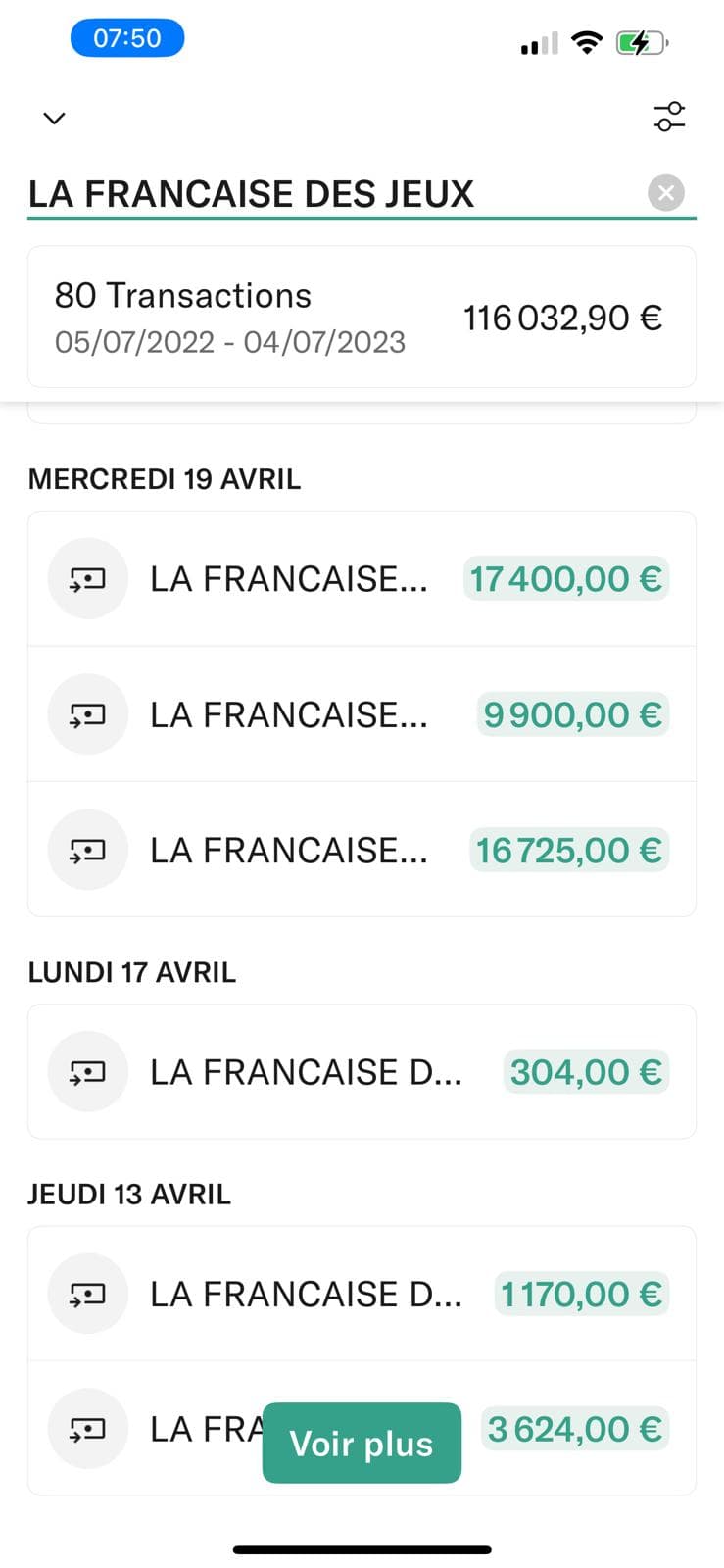 Relevé bancaire du fondateur : 80 encaissements « La Française des Jeux » entre juillet 2022 et juillet 2023, total 116 032,90 €